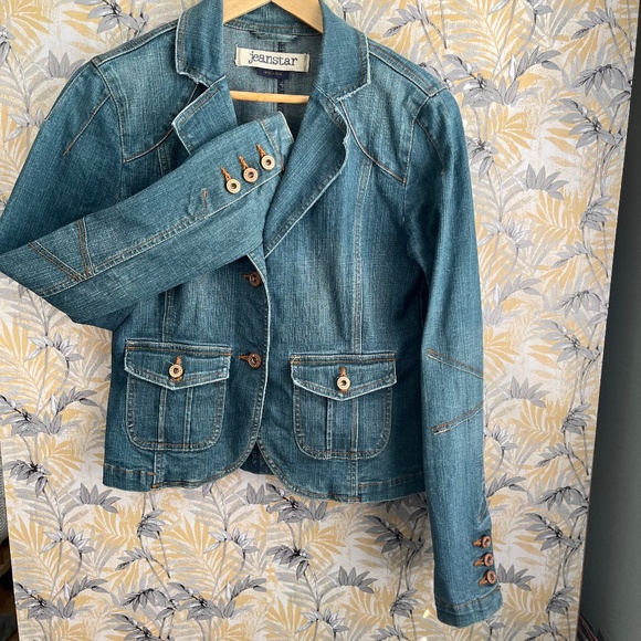 Jeanstar Light Blue Denim Jean Jacket Fitted Copper Button Blazer Size M - Picture 1 of 10
